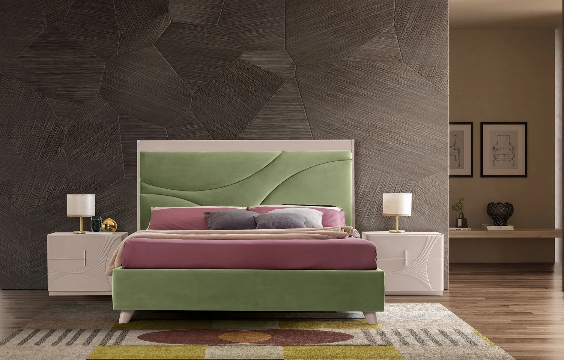 Camera da letto Montreal River RTL Mobili con letto Moon verde e comodini scolpiti