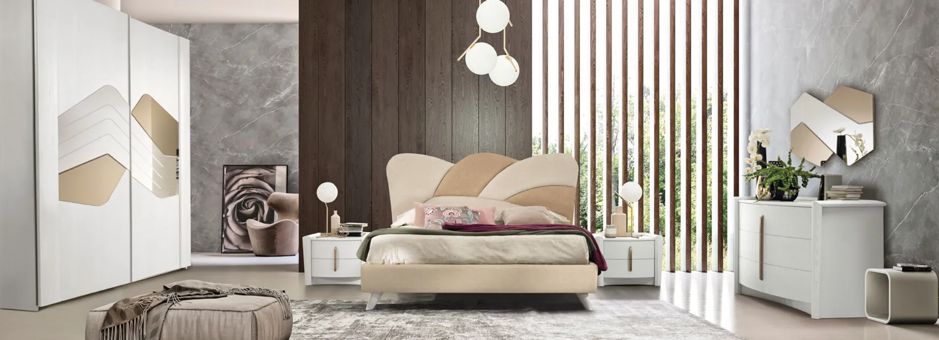 Camera da letto Chloé RTL Mobili con letto a testiera sagomata e armadio a specchi