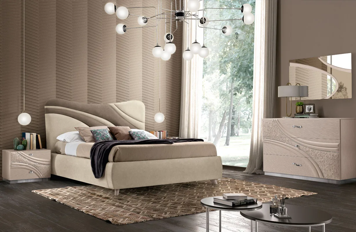 Camera da letto Cocò RTL Mobili in Cachemire con letto imbottito e comò decorato