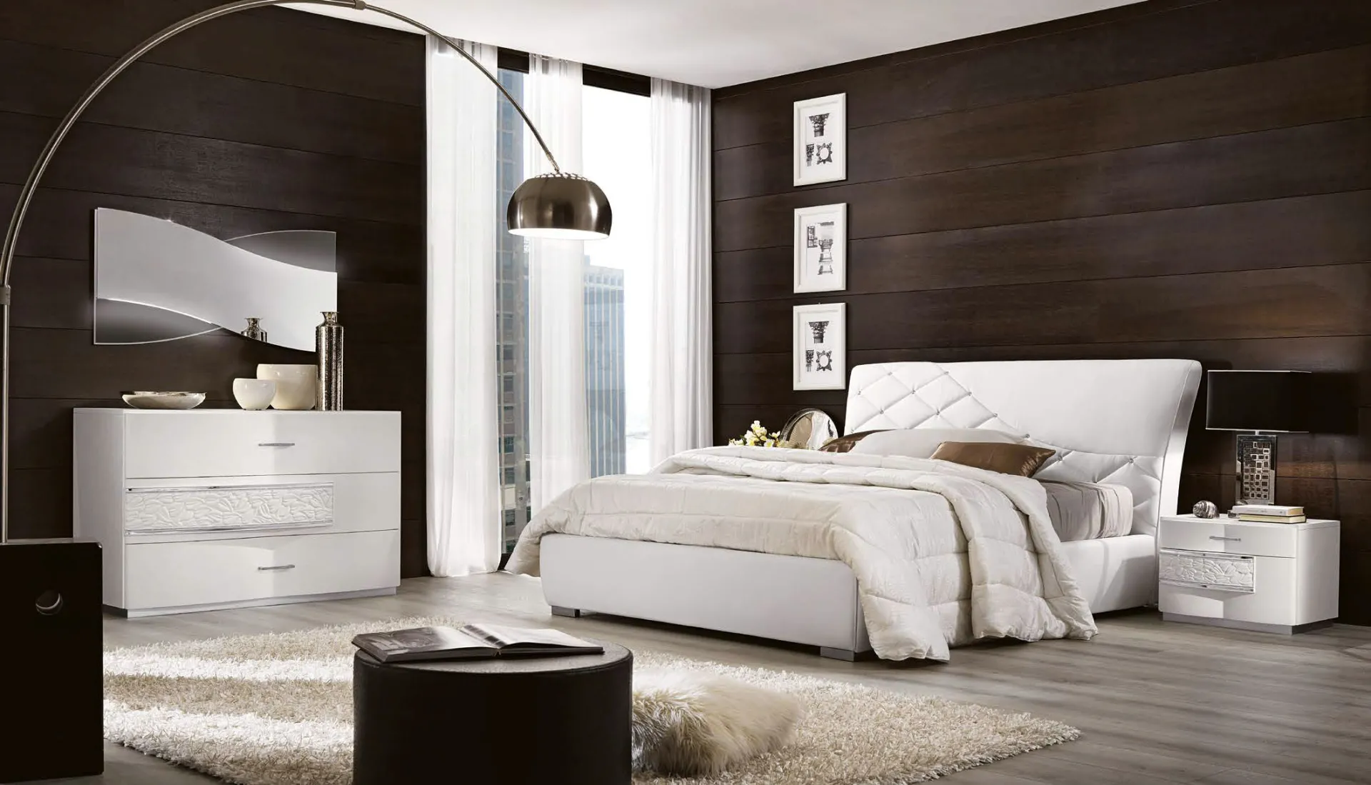 Camera da letto Nolita Night RTL Mobili bianca con letto imbottito e comò decorato