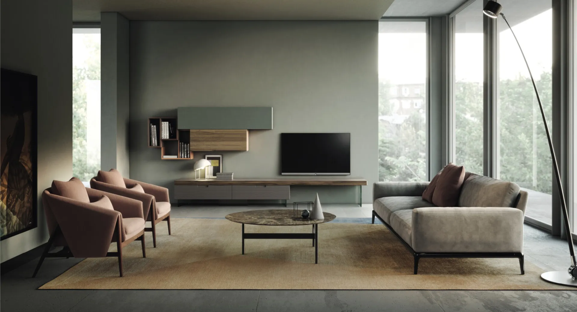 Soggiorno con parete Living Zero.16 Devina Nais porta TV, divano e poltrone