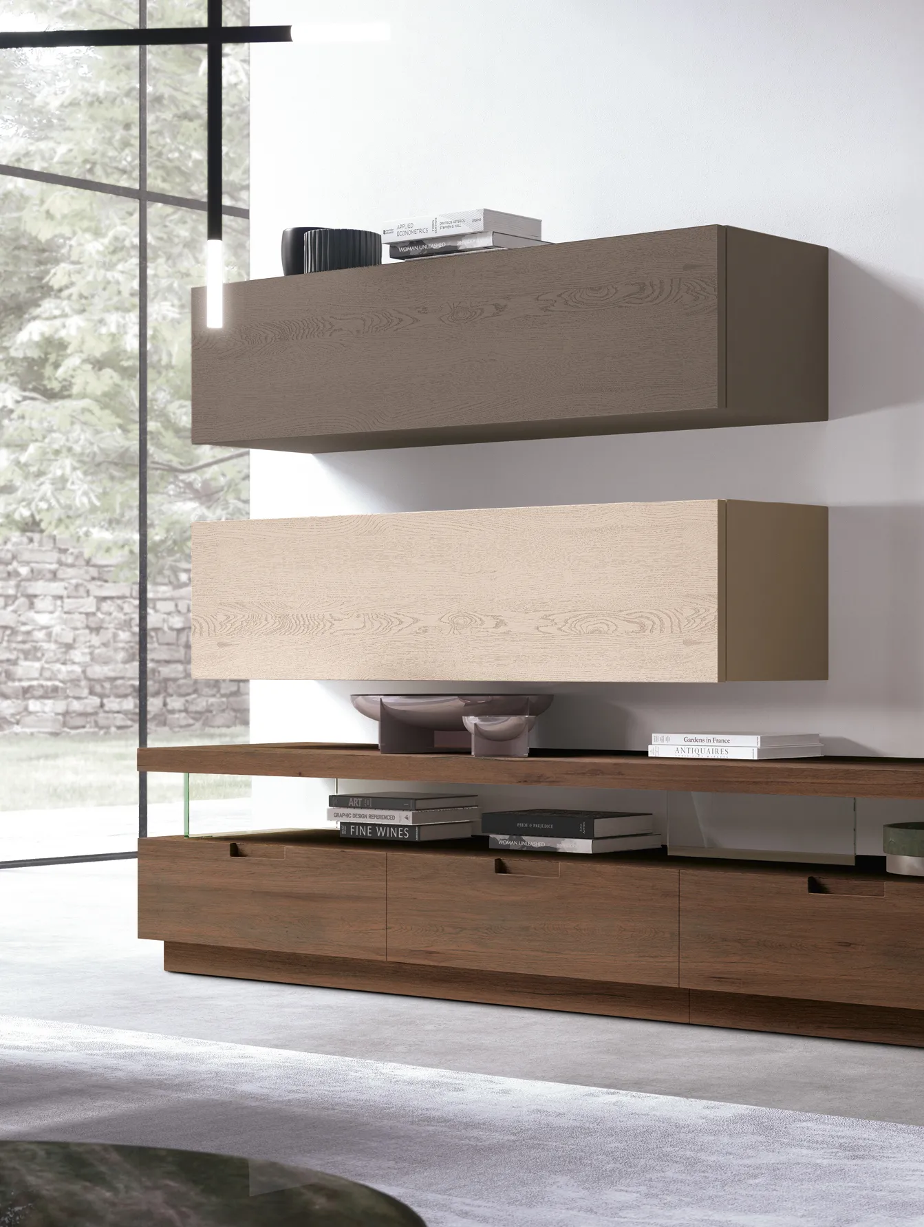 Pensili e base con cassetto aperto della parete Living Zero.16 Devina Nais