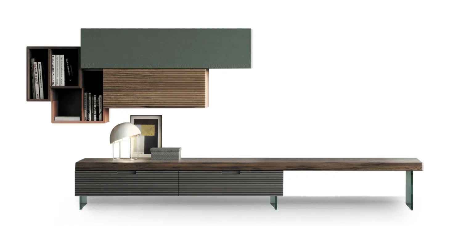 Composizione Living Zero.16 Devina Nais con base lunga, pensili e libreria a giorno, su fondo bianco