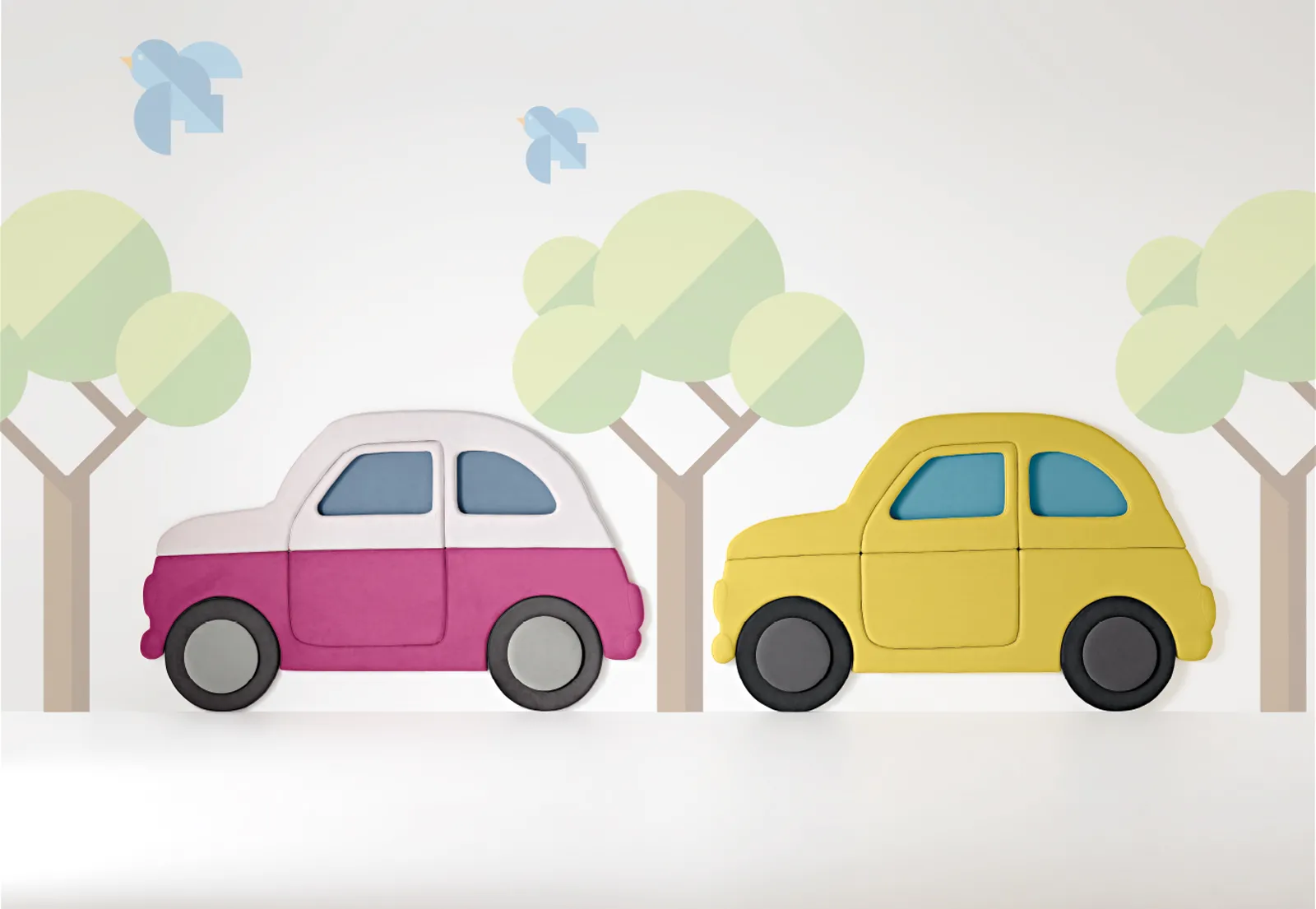 Due pannelli Car Samoa, fucsia e giallo, appesi a una parete con alberi dipinti