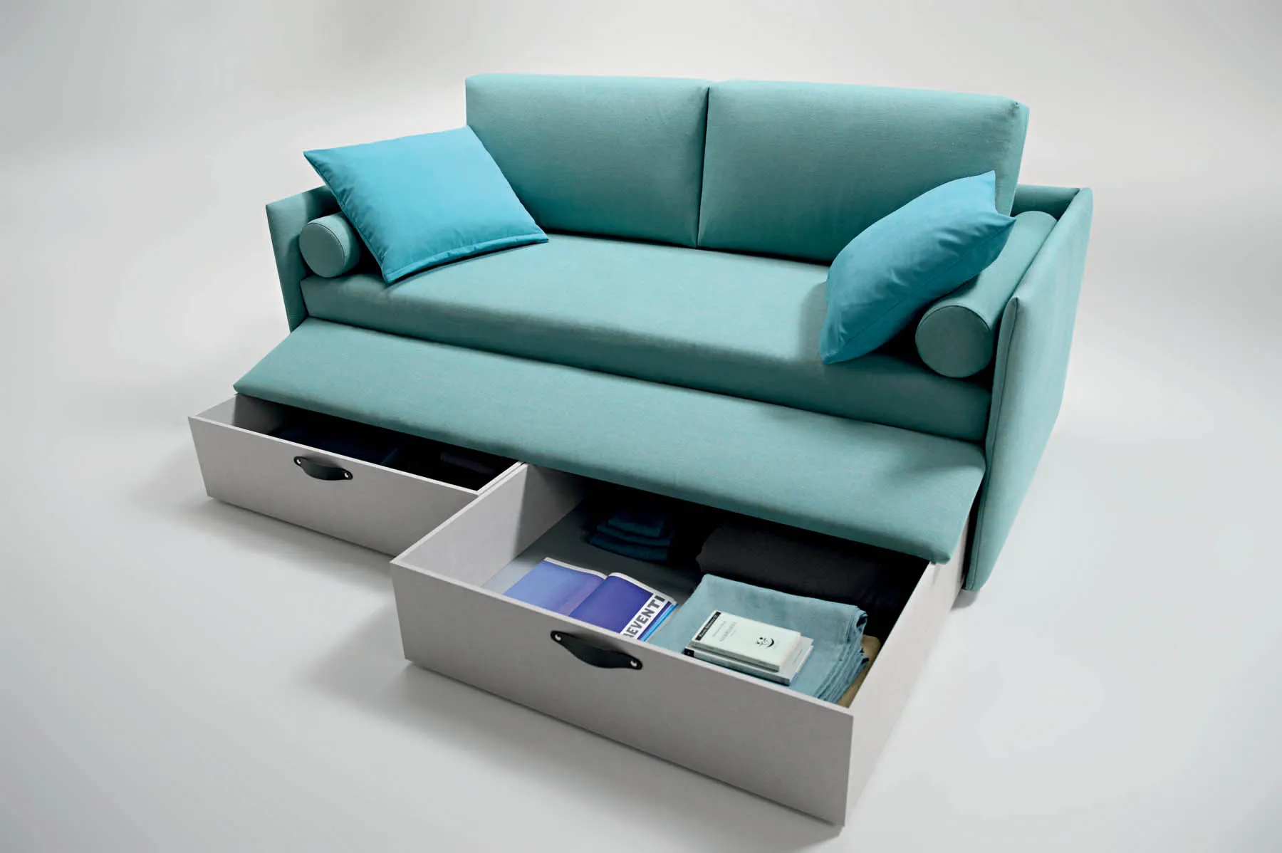 Letto Twice Sofà Basso Samoa color acqua con due cassettoni estratti da sotto il piano