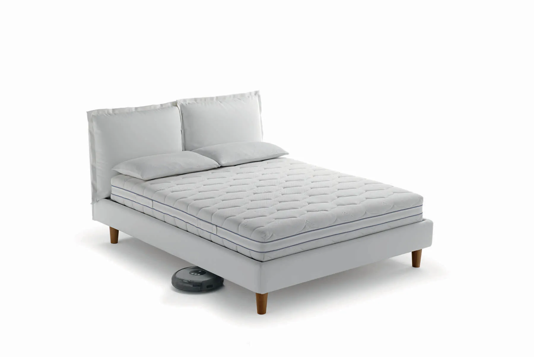 Base letto Sommier Lift Samoa bianca su gambe in legno, con robot aspirapolvere sotto
