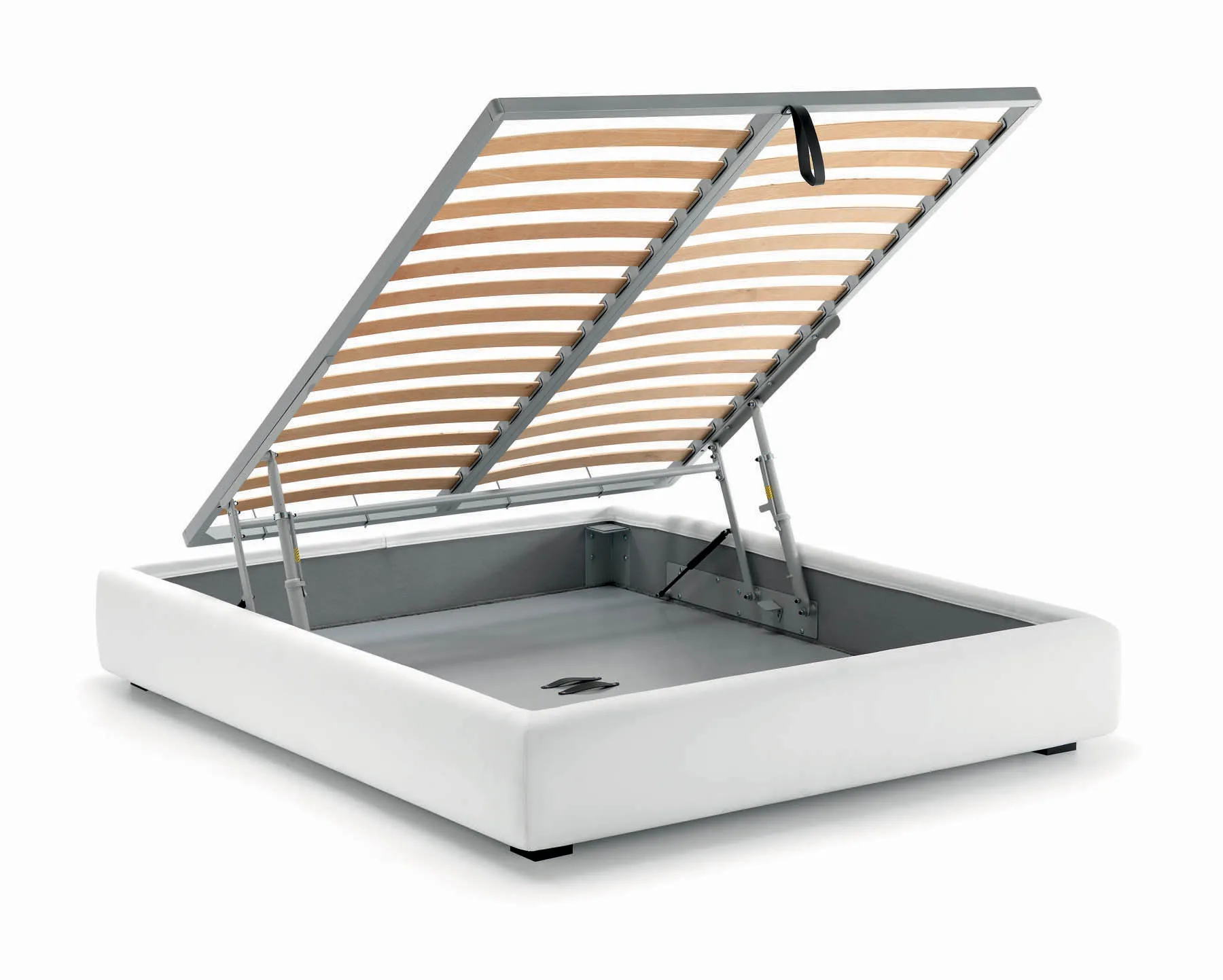 Sistema alzarete Logical Samoa aperto in verticale su un sommier bianco, con il vano grigio