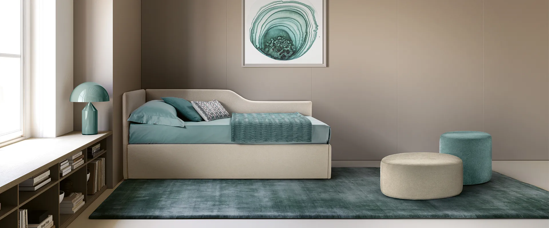 Letto singolo Trama San Lorenzo con testata laterale in camera ambientata
