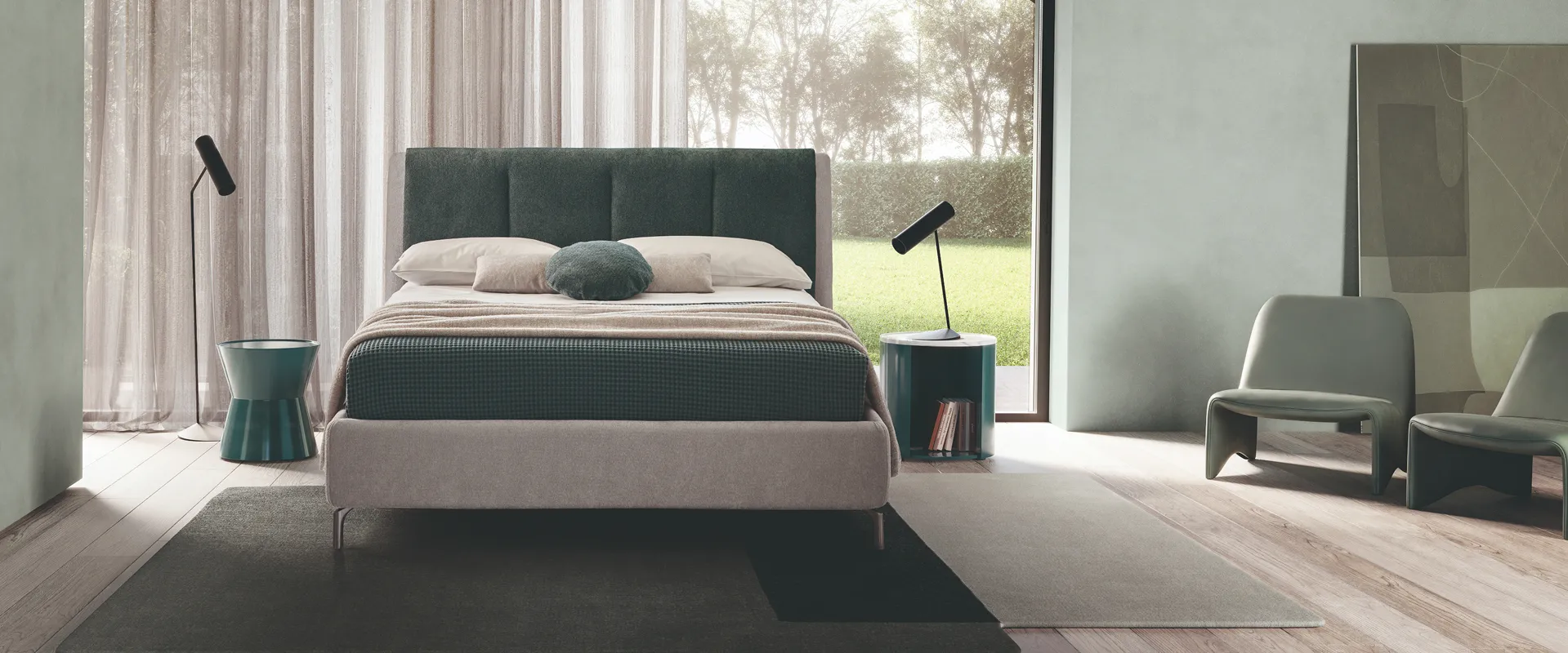 Letto imbottito Oceano San Lorenzo in camera ambientata