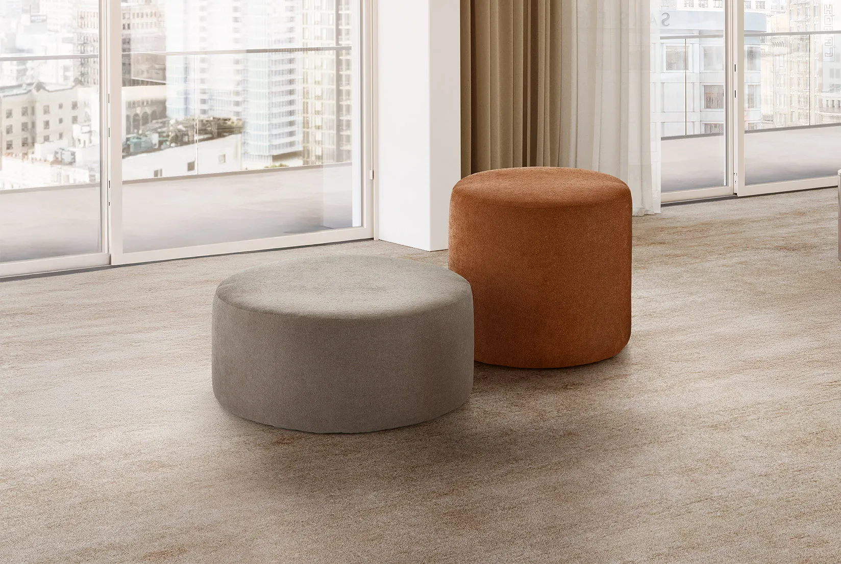 Pouf cilindrici Melory San Lorenzo nelle due misure, grigio e arancio