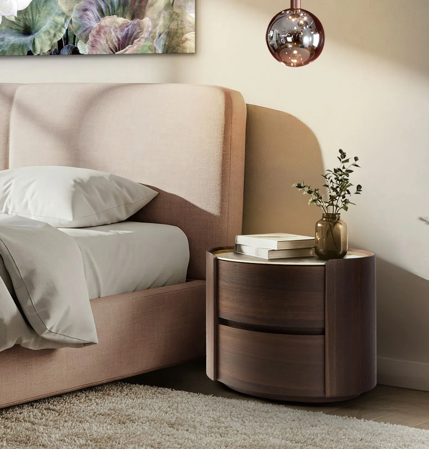 Comodino Enoc Schuller in rovere scuro con piano in gres effetto marmo