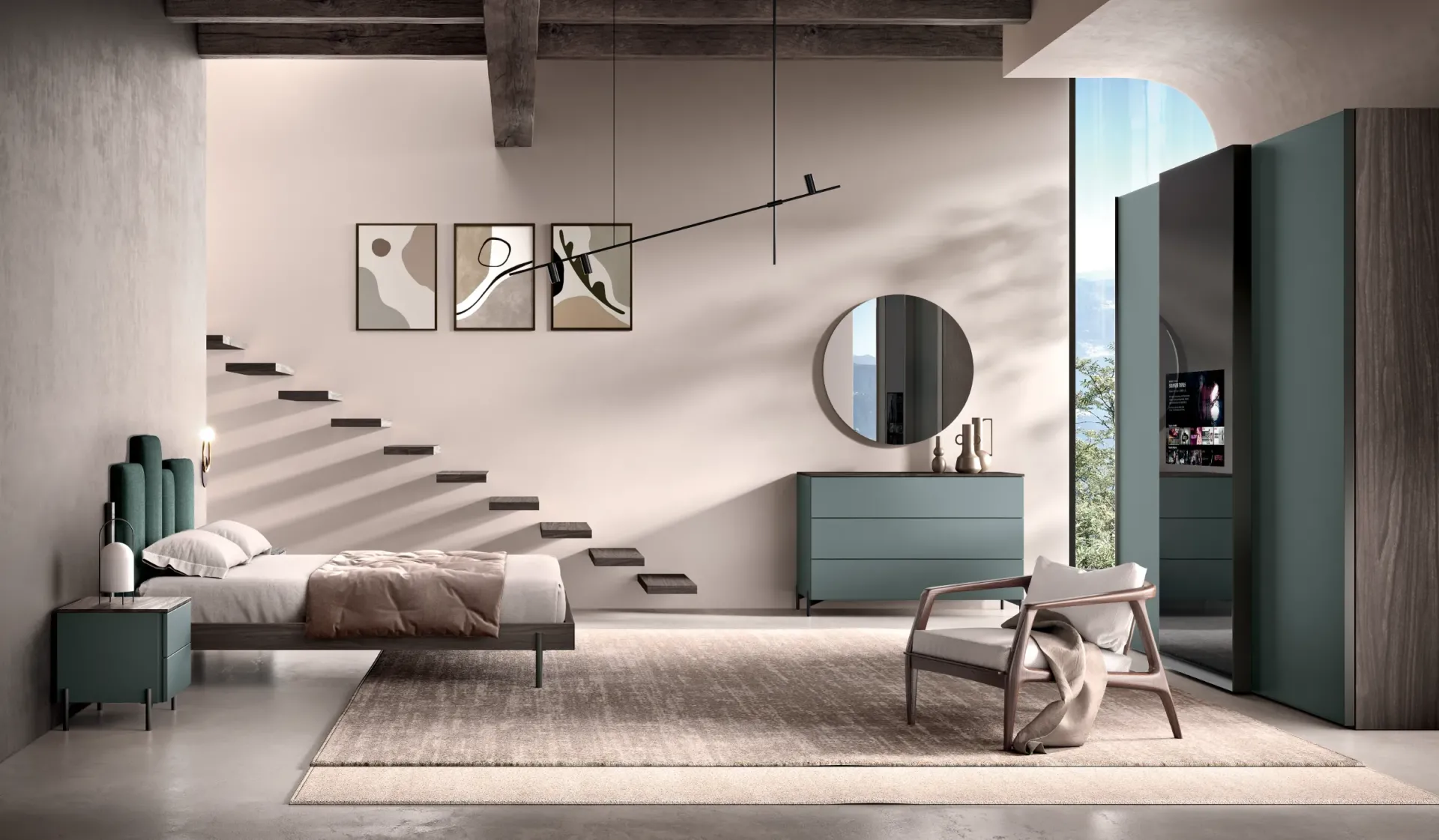 Camera da letto Sky Spar, proposta Space con letto imbottito e armadio