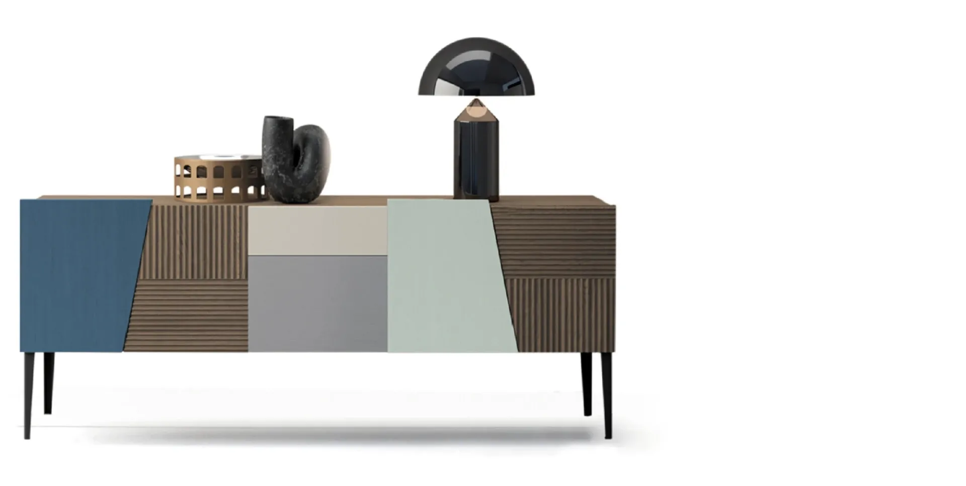 Madia Zero.16 Devina Nais con frontali blu, legno e verde chiaro, su fondo bianco