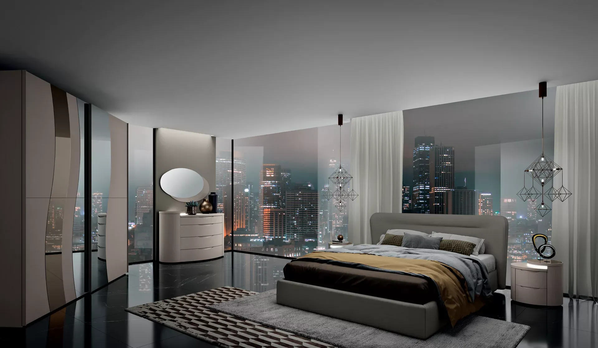Camera da letto Vogue Spar con letto imbottito e armadio scorrevole