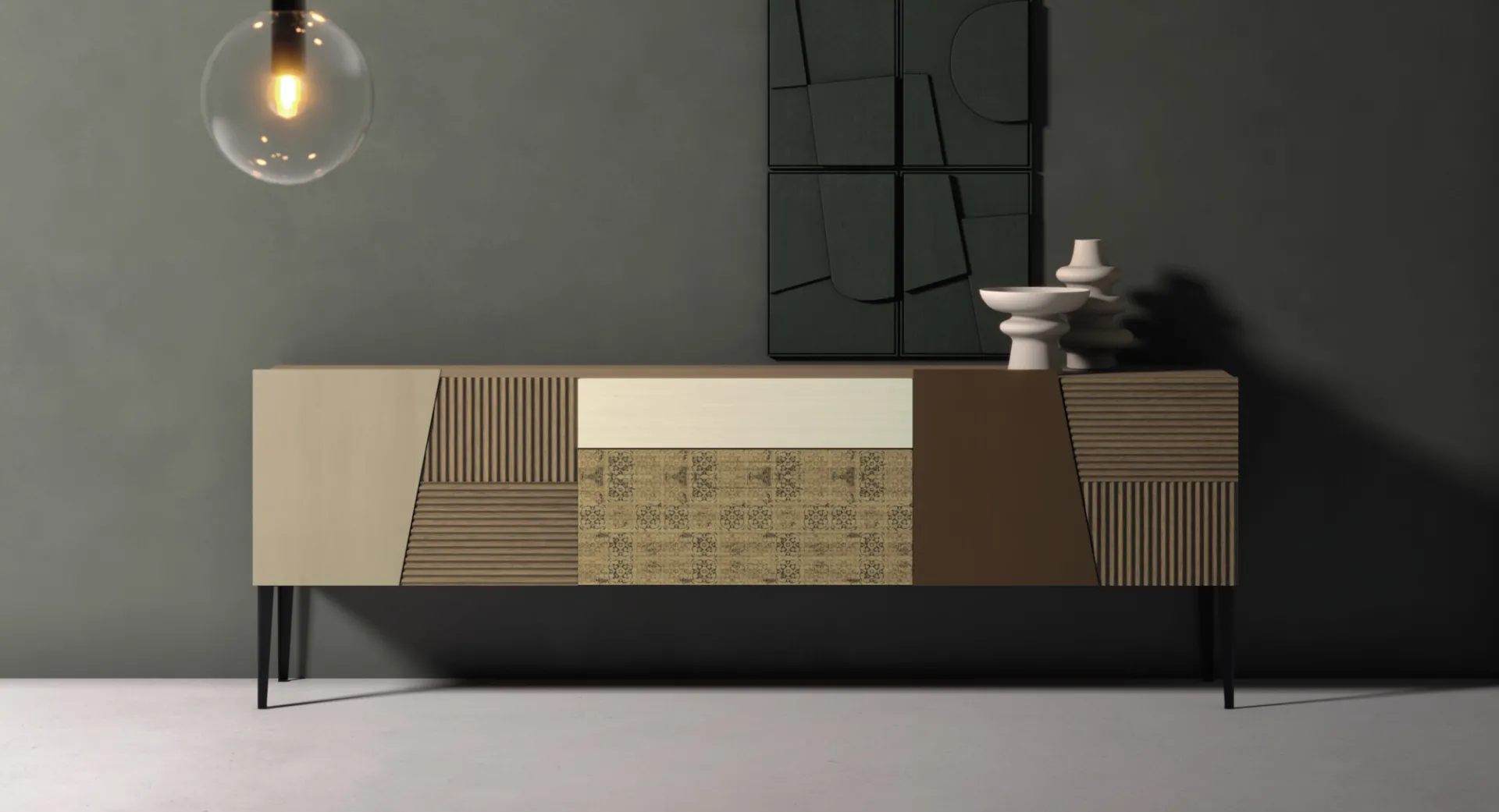 Madia Zero.16 Deco Devina Nais nei toni del legno chiaro con pannello centrale decorato