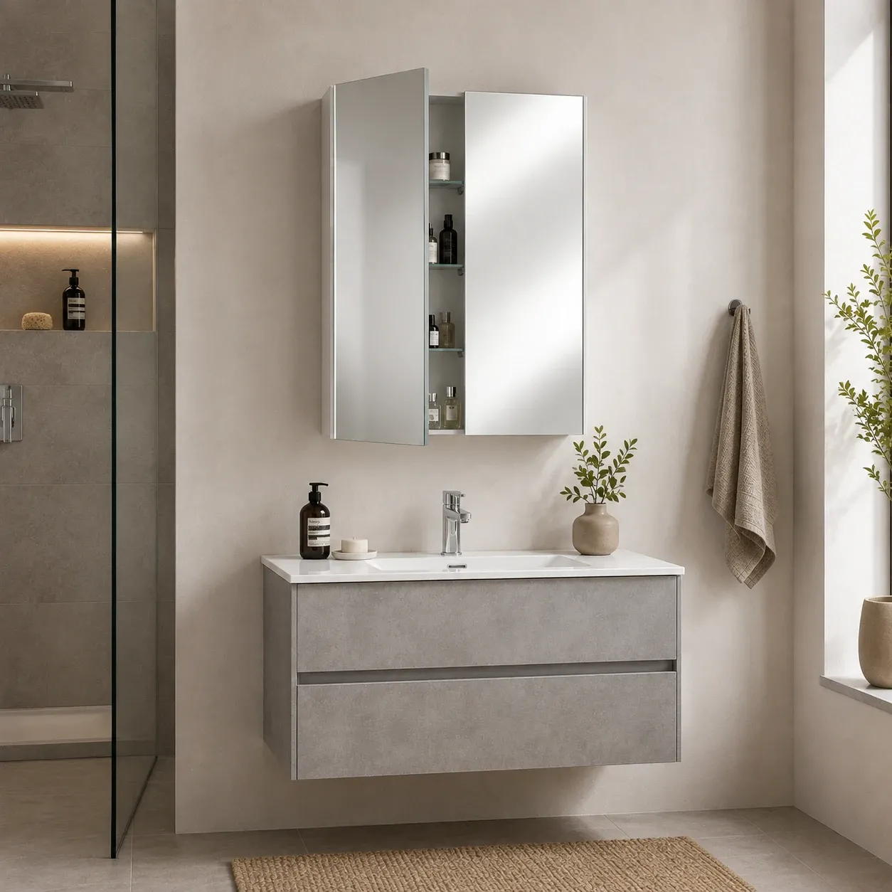 Specchiera contenitore Tomasucci aperta sopra un mobile bagno