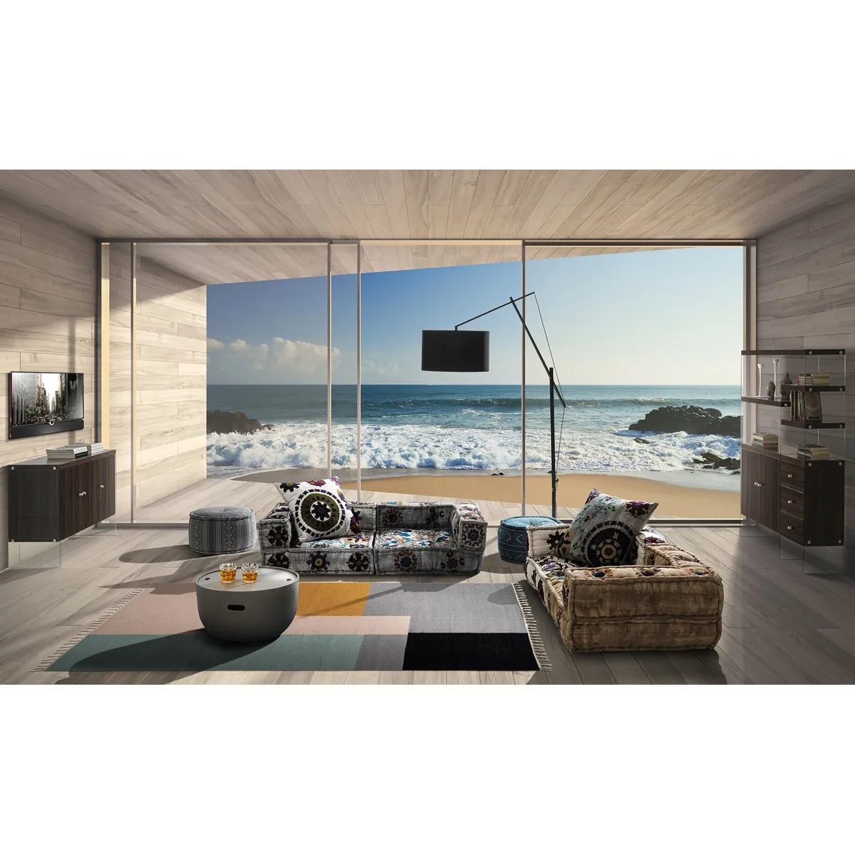 Tappeto Lella Tomasucci 140 x 230 cm in un soggiorno con vista sul mare