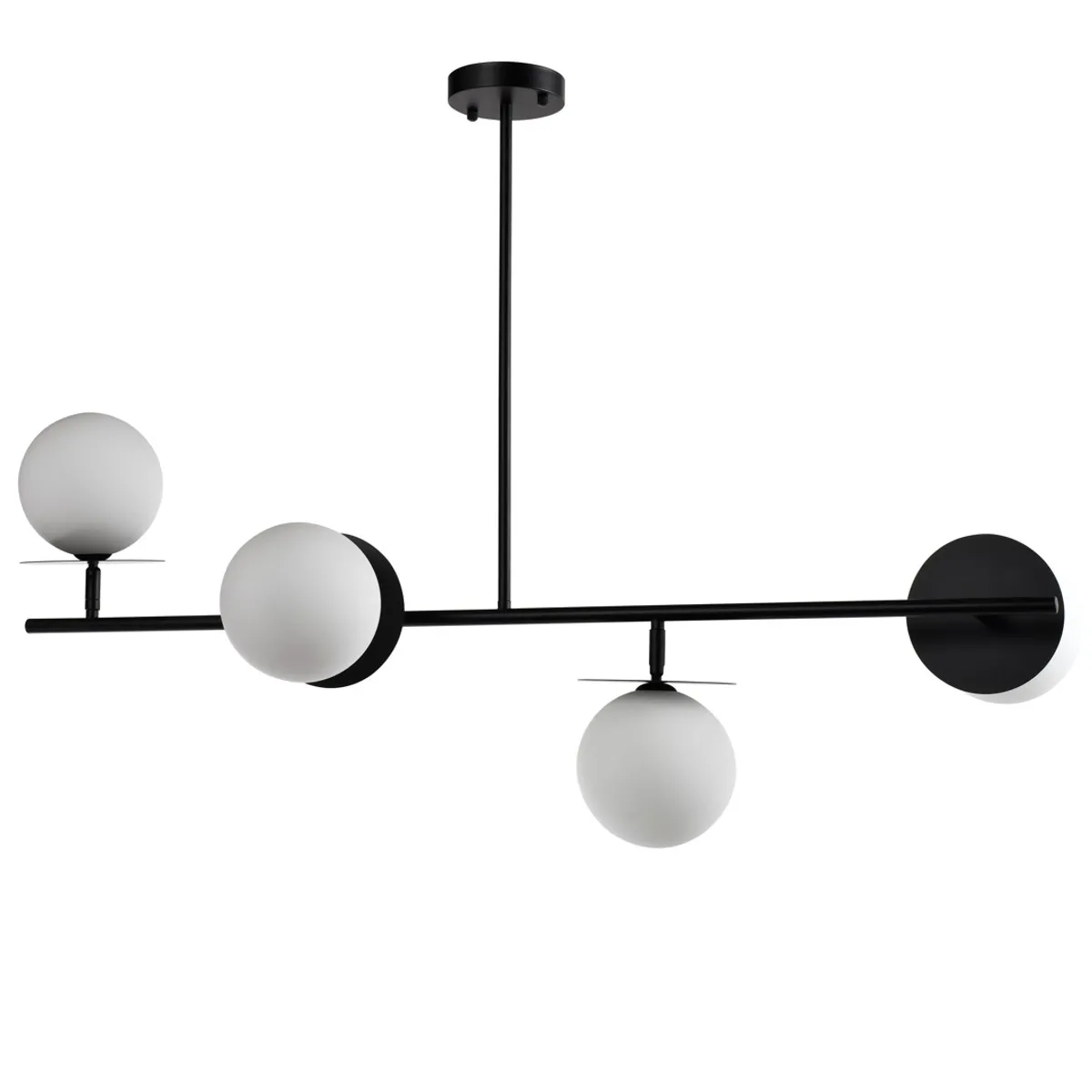 Lampadario Sleek Tomasucci in acciaio nero opaco con quattro sfere su fondo chiaro
