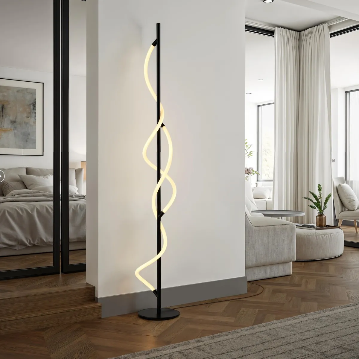 Lampada da terra Rope Tomasucci con spirale luminosa accesa in una camera