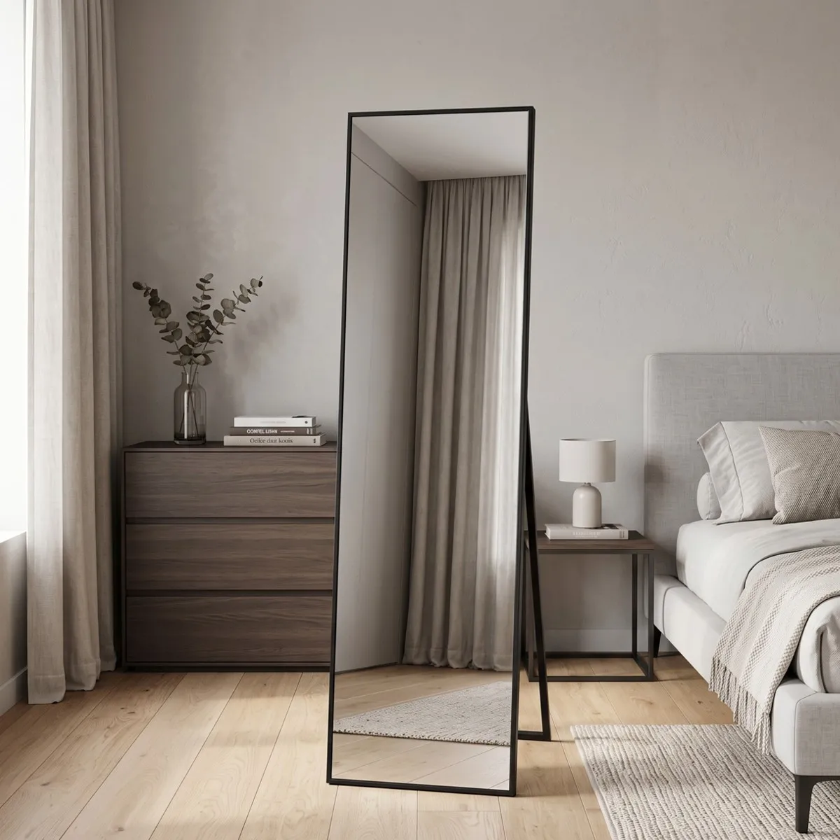 Specchio da terra Influencer Tomasucci con cornice nera e stand in una camera
