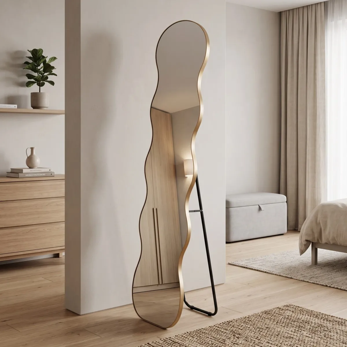 Specchio da terra Influencer Tomasucci sagomato con stand nero accanto a una cassettiera
