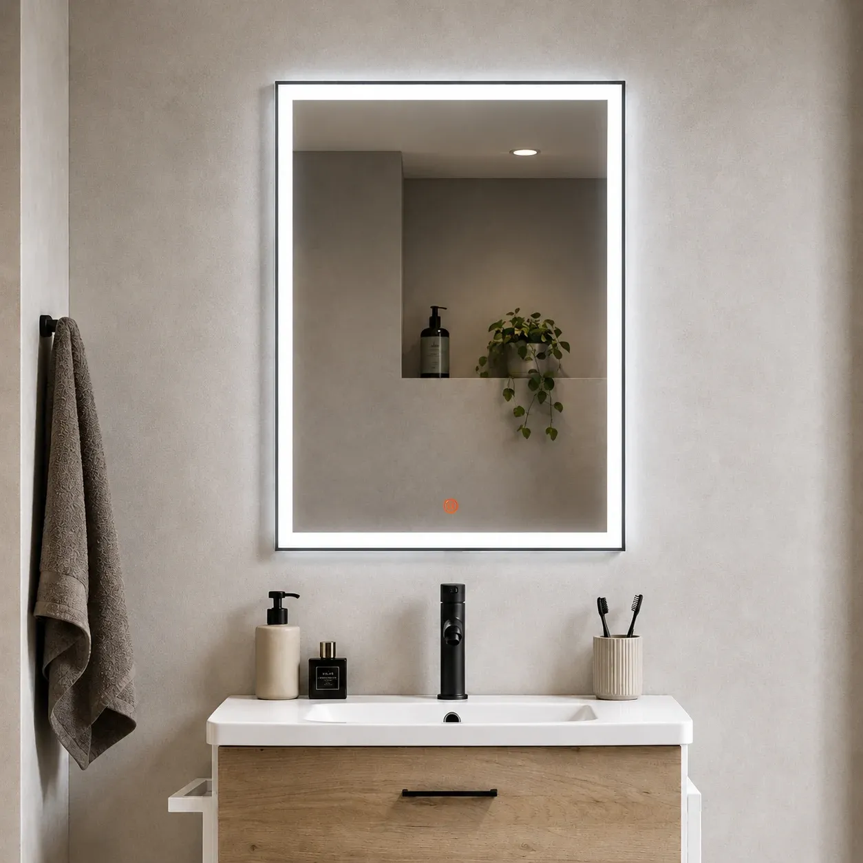 Specchio Loom Tomasucci con LED perimetrale acceso sopra un lavabo