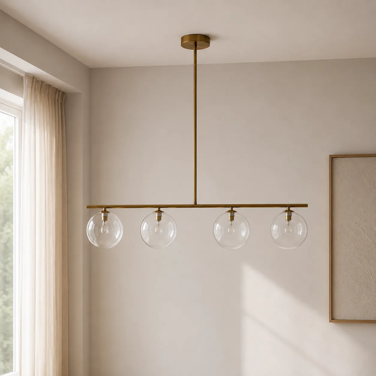 Lampadario Party Evo Clear Tomasucci in ottone con sfere trasparenti in un soggiorno