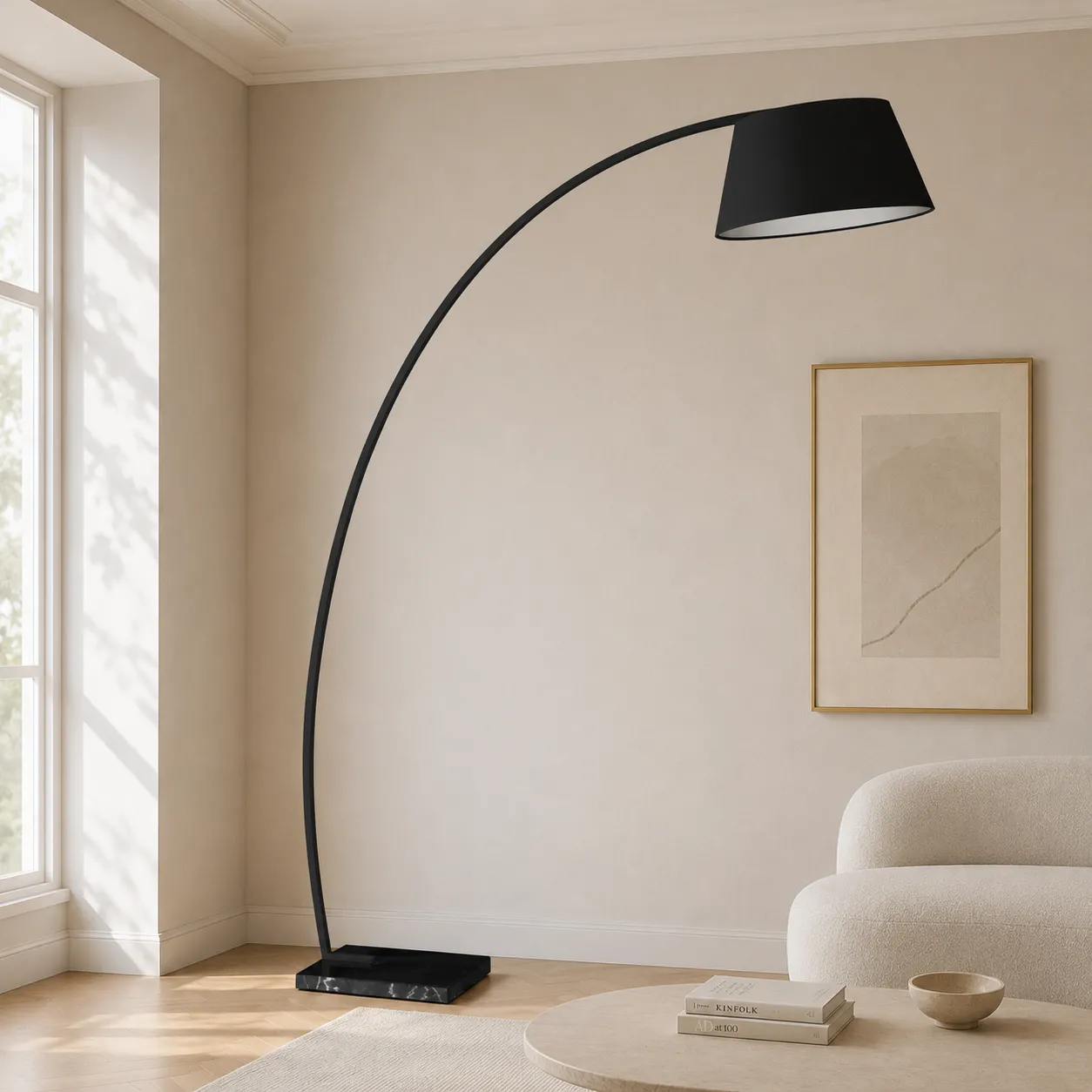 Lampada ad arco Yet Black Tomasucci accanto a un divano
