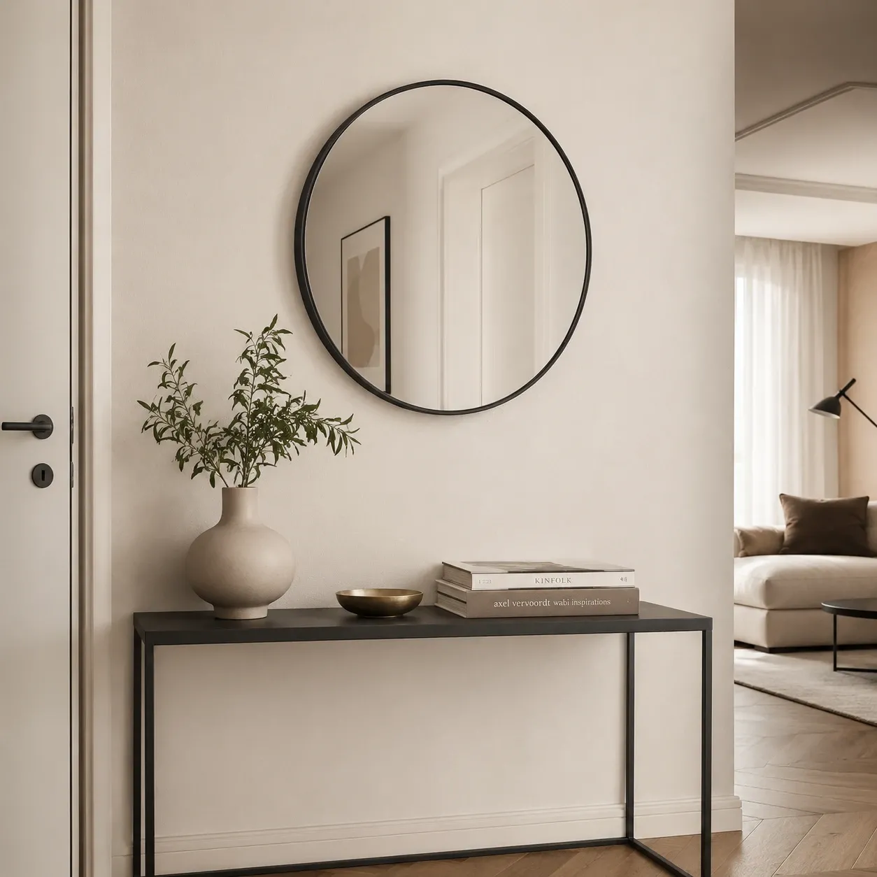 Specchio Fit-A Black Tomasucci sopra una consolle