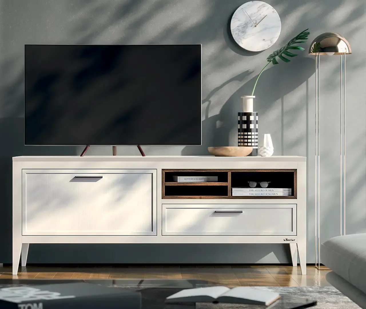 Porta TV Agave Le Fablier laccato bianco con cestone, cassetto e vani a giorno