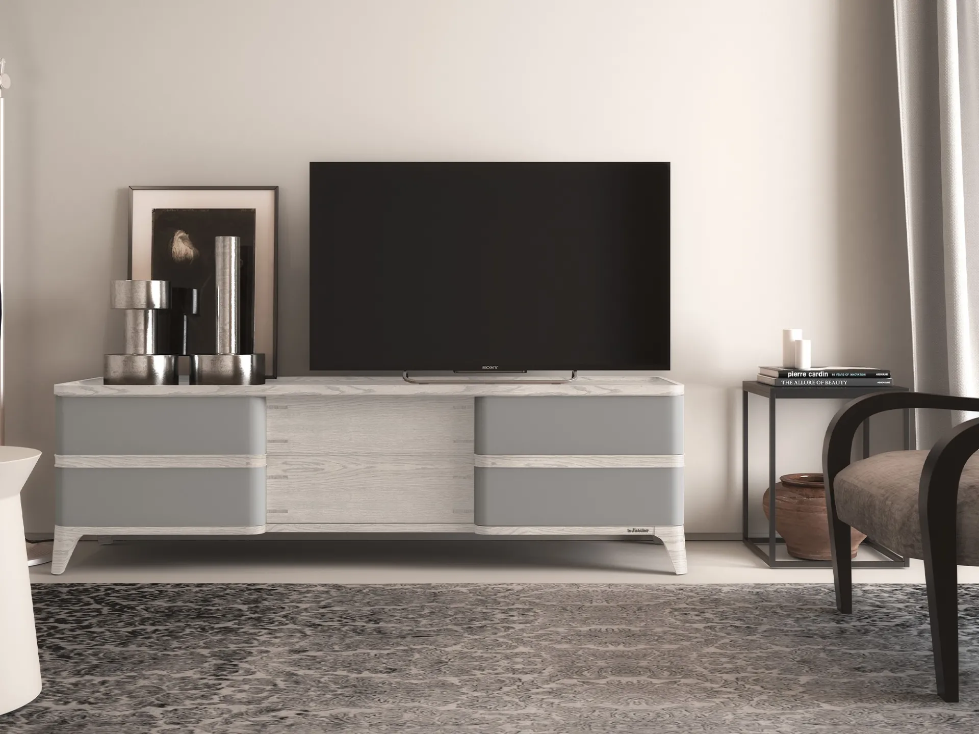 Porta TV Dafne Le Fablier con rovere grigio in un soggiorno con poltrona