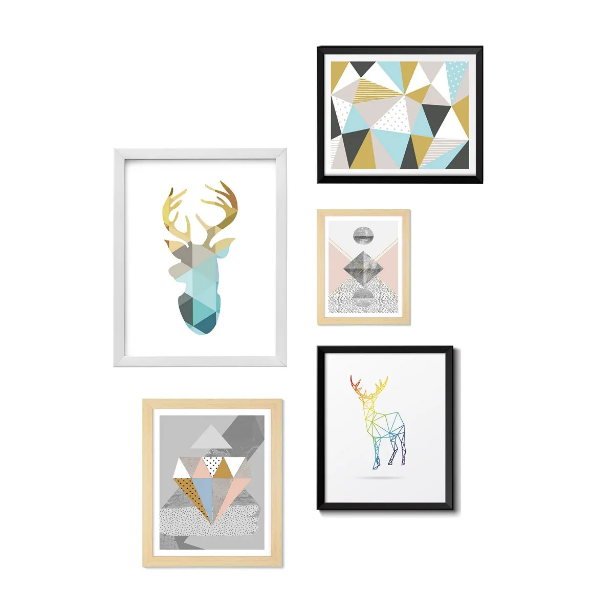 Set di cinque quadri Geometric Tomasucci con cervi e triangoli
