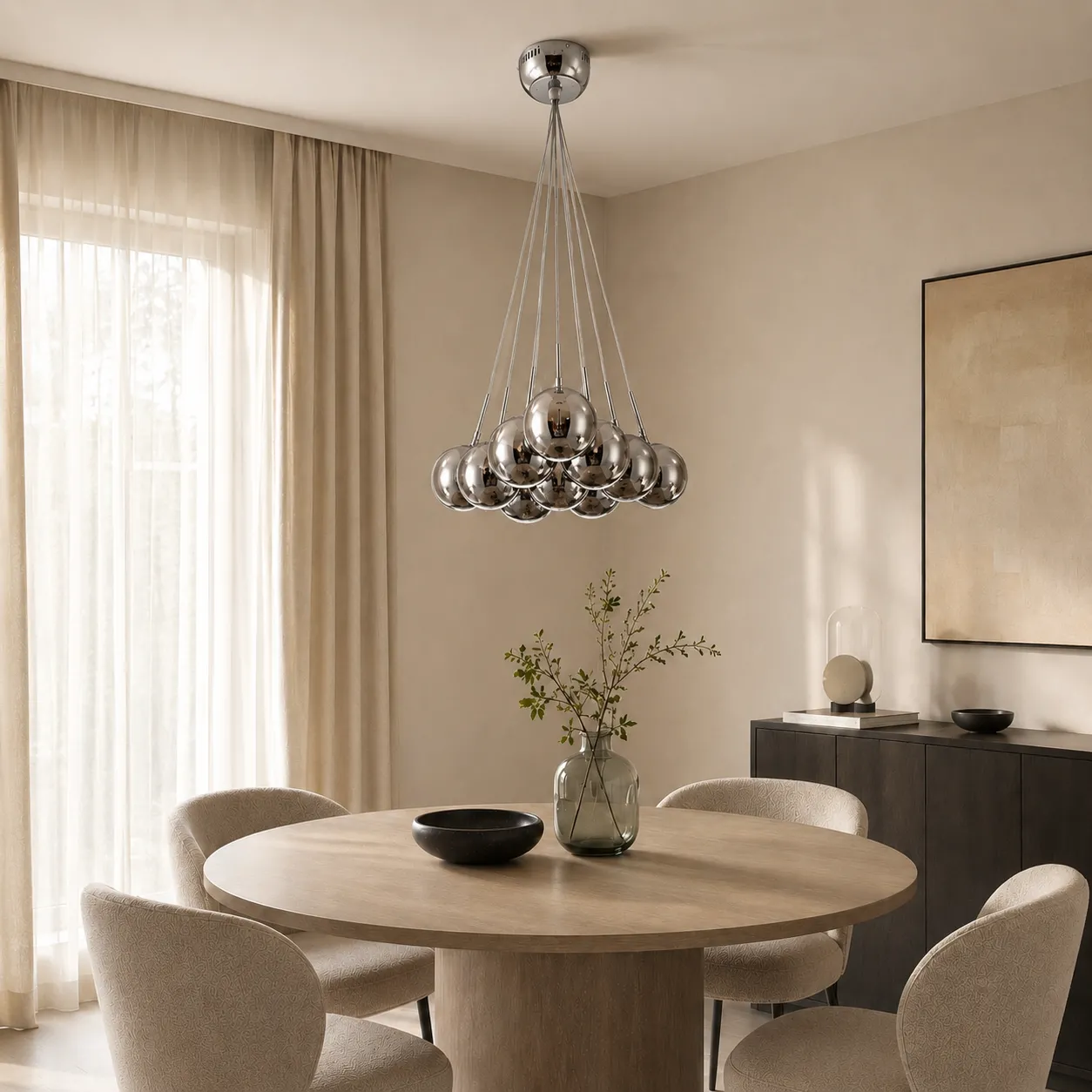 Lampadario Sfere Smoked Mirror Tomasucci sopra un tavolo rotondo