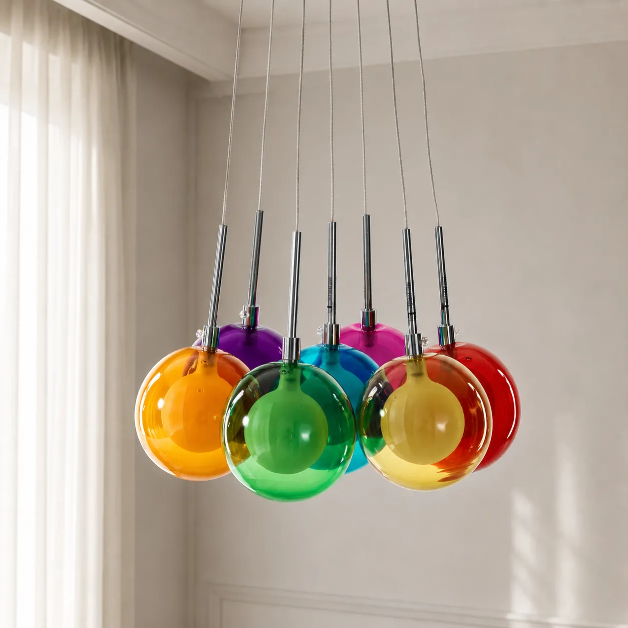 Lampadario Spheres Color Tomasucci con sfere colorate in una stanza