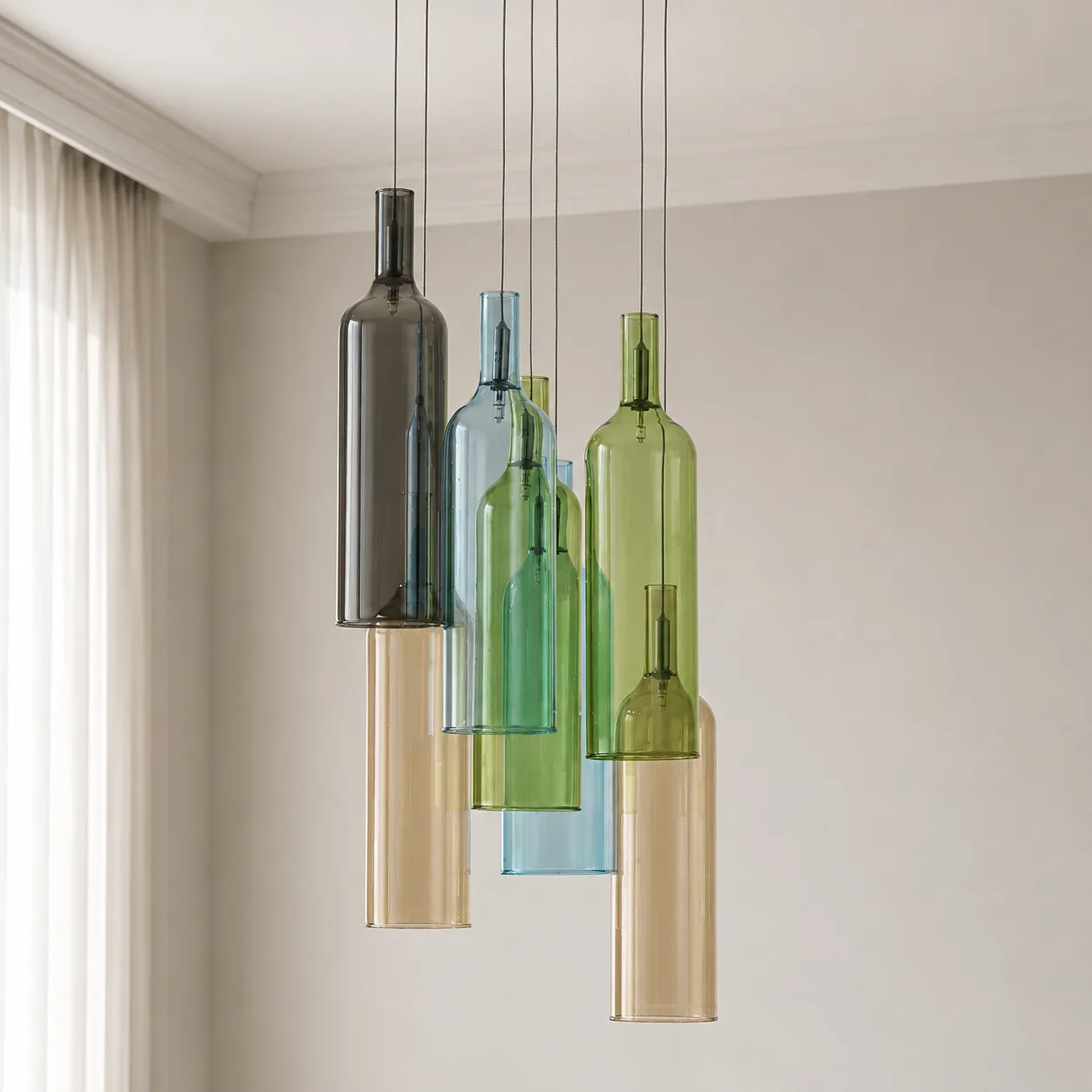 Lampadario Bottles Tomasucci a 7 luci in vetro colorato