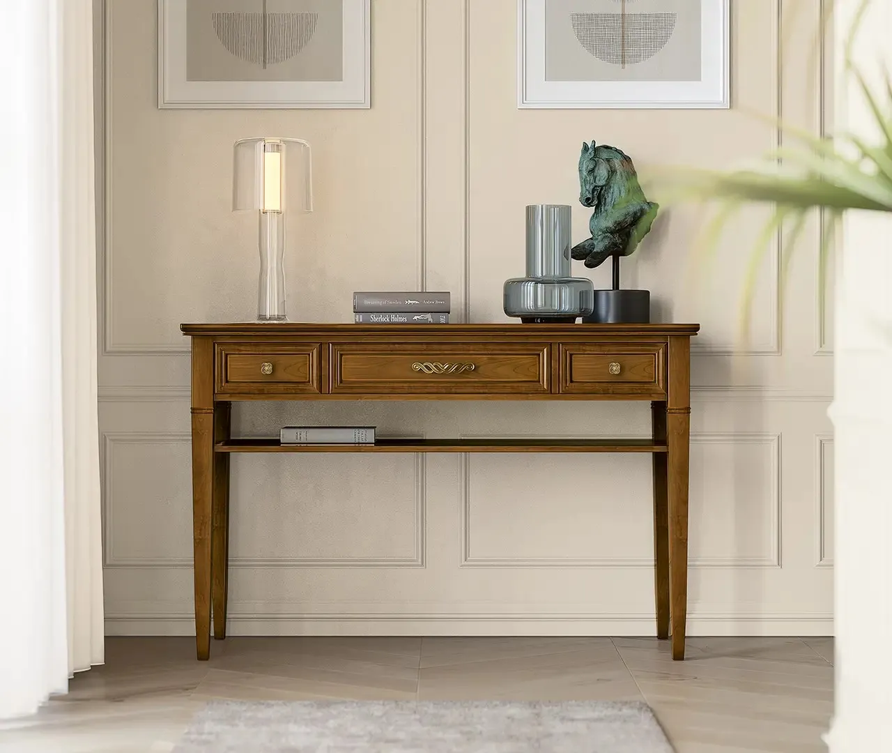 Consolle classica Alba Le Fablier in legno con tre cassetti e ripiano in vetro