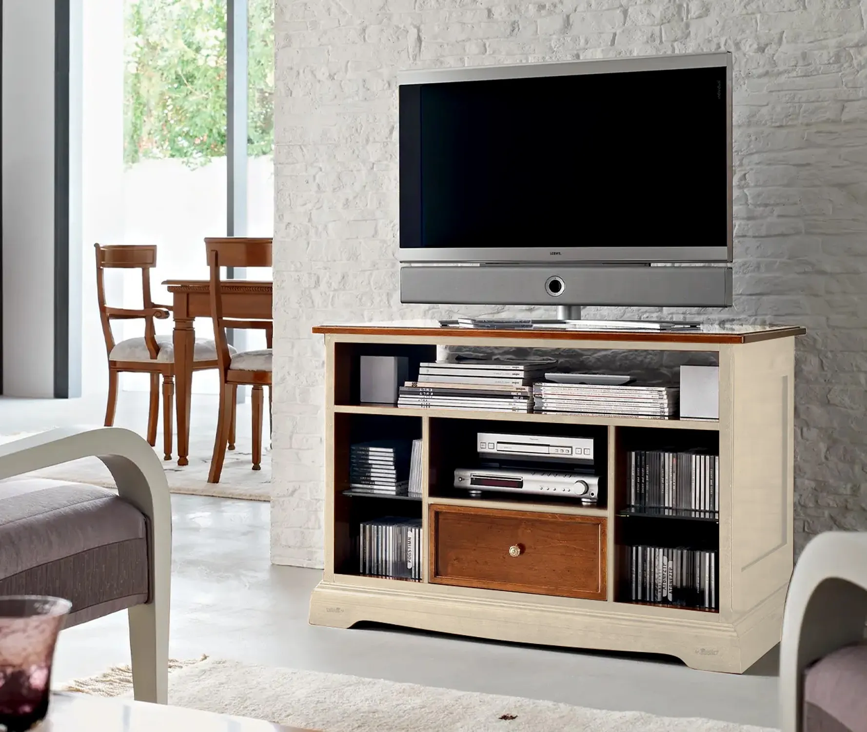 Porta TV Anemone Le Fablier bicolore, con struttura avorio e vani in ciliegio