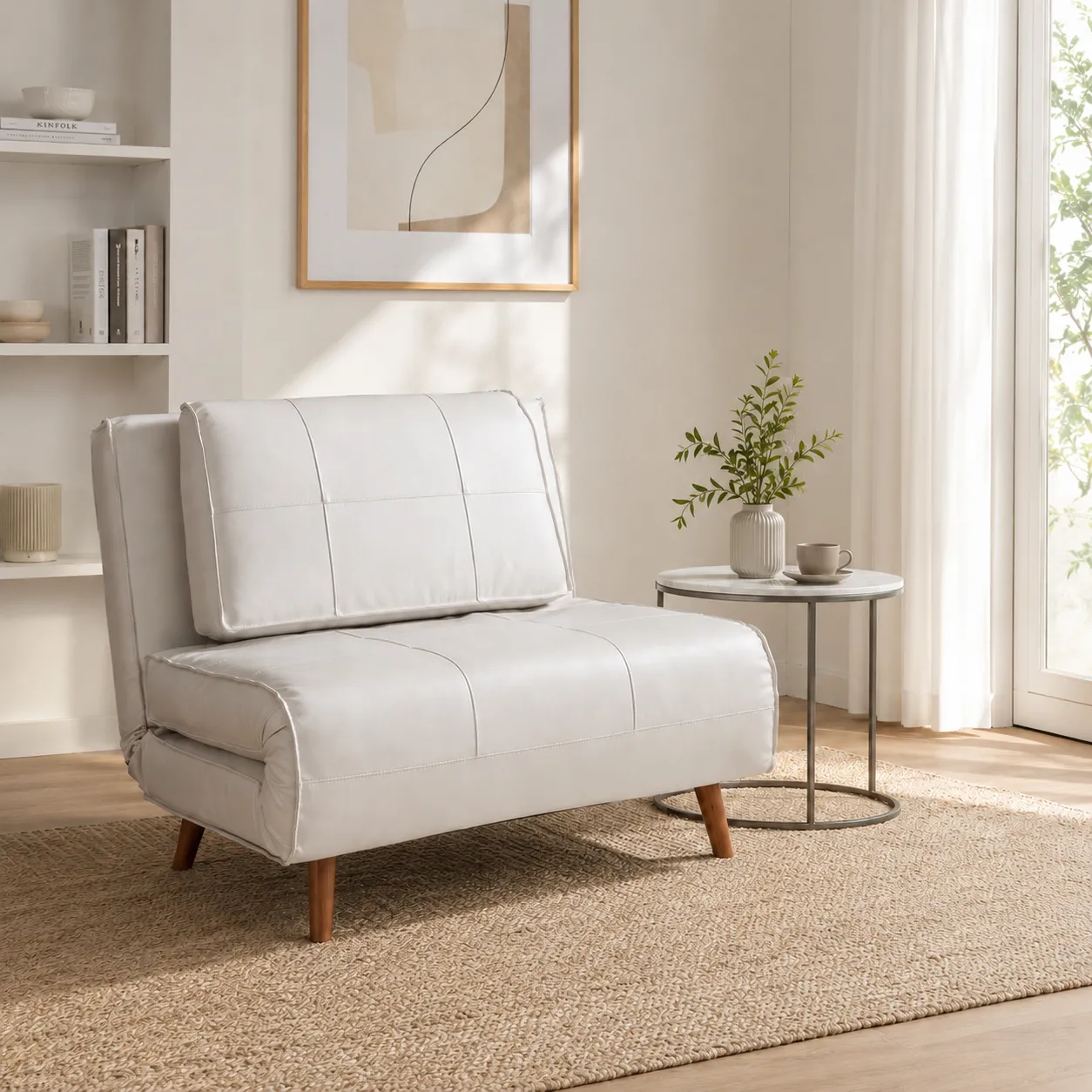 Poltrona letto Shift Tomasucci in pelle sintetica bianca in soggiorno