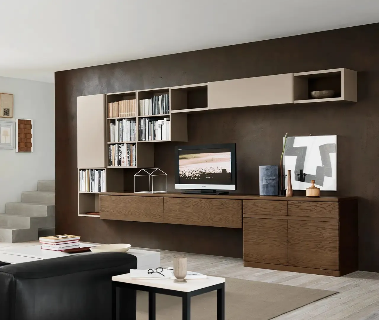 Parete attrezzata Fiori di Loto 02 Le Fablier in rovere scuro con colonna laccata e libreria