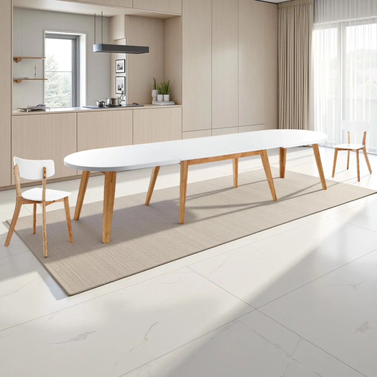 Tavolo Joker Oval Tomasucci aperto con base in rovere