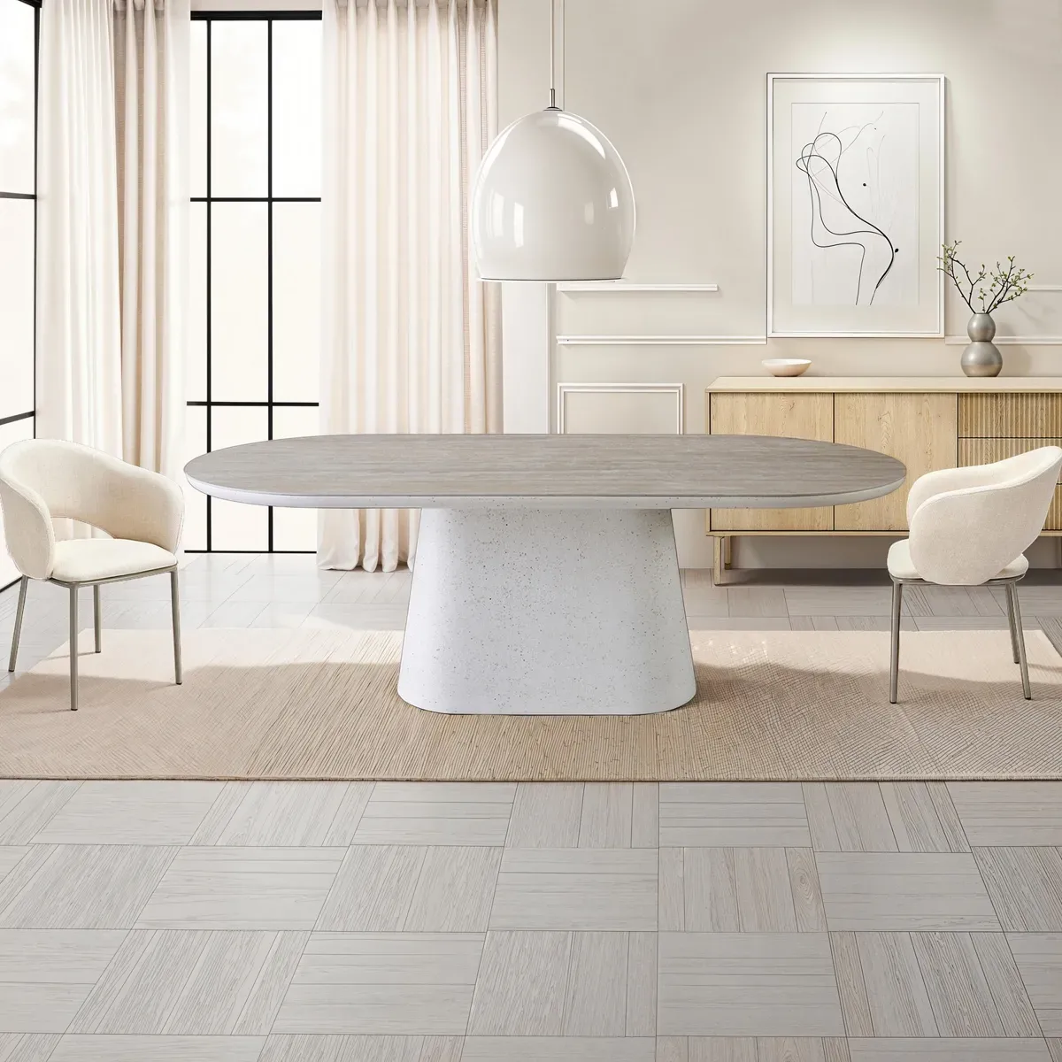 Tavolo ovale Barrel Tomasucci in travertino con base crema