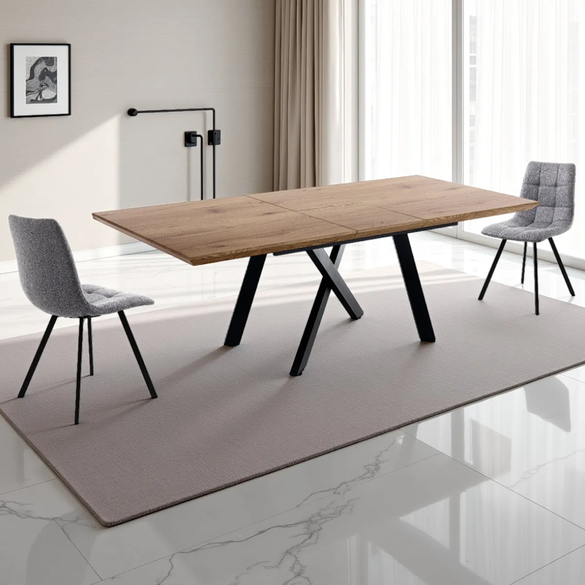 Tavolo allungabile Emme Tomasucci in rovere con gambe nere incrociate