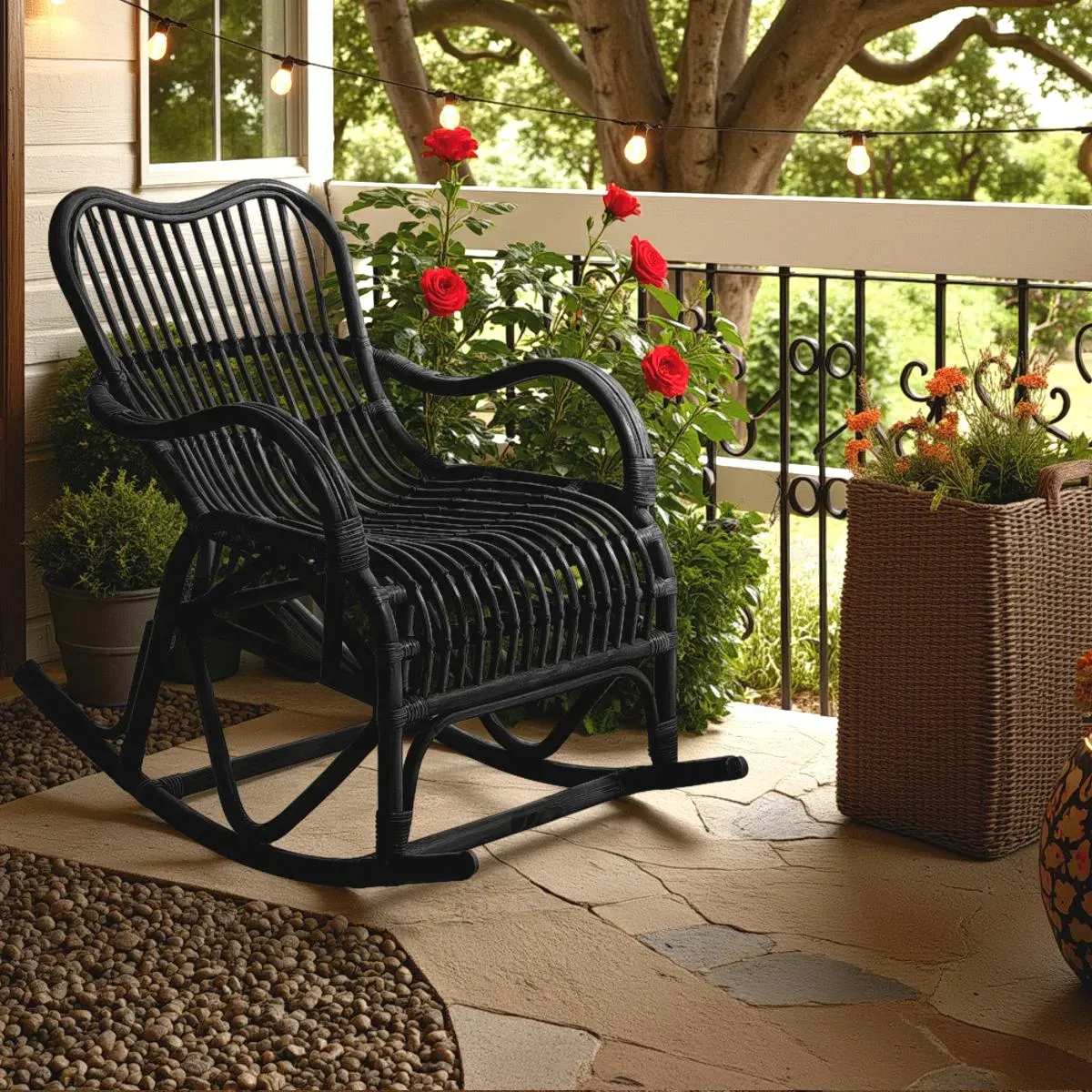 Sedia a dondolo Alpa Black Tomasucci in rattan nero in veranda