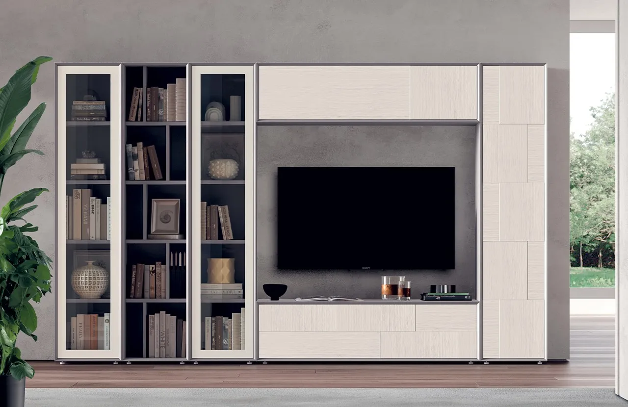 Parete attrezzata Le Spezie 23 Le Fablier con due vetrine scure, libreria e blocco chiaro con TV