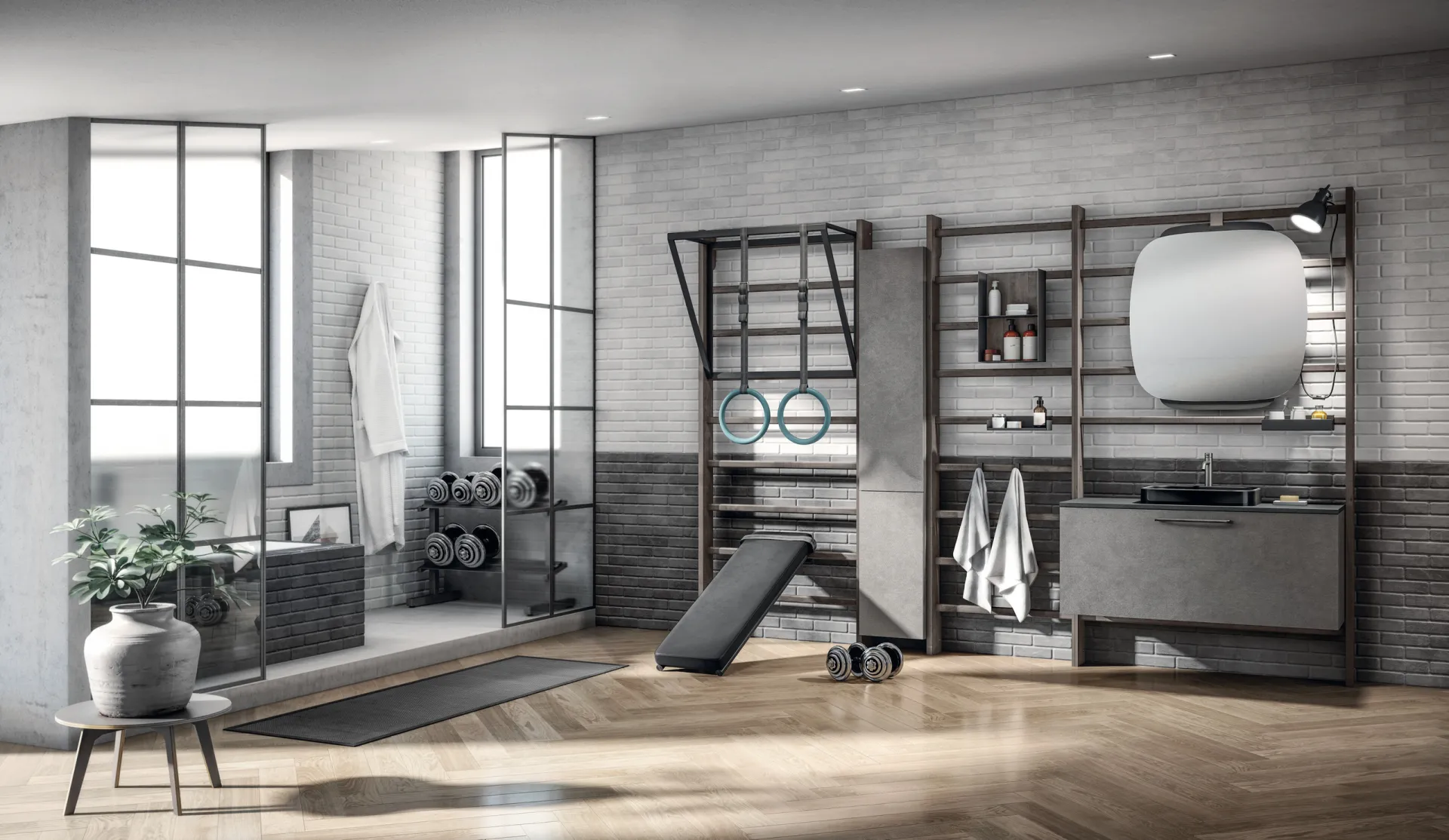 Bagno Gym Space Scavolini con spalliera scura Core, anelli, panca inclinata e base sospesa effetto metallo