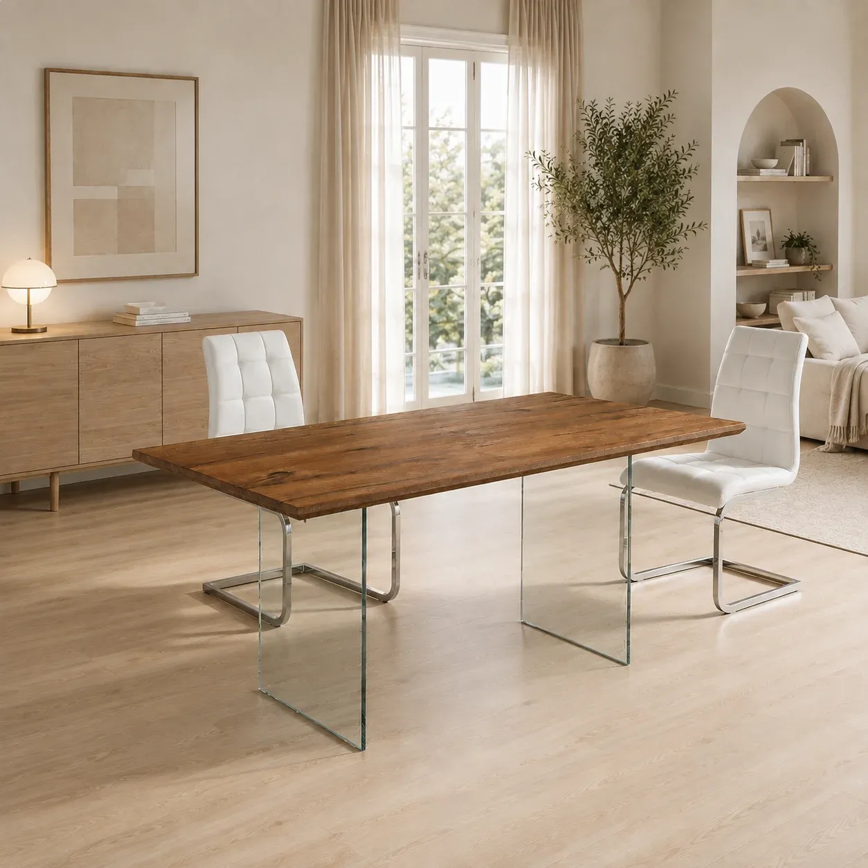Tavolo Float Tomasucci in rovere con gambe in vetro in un ambiente