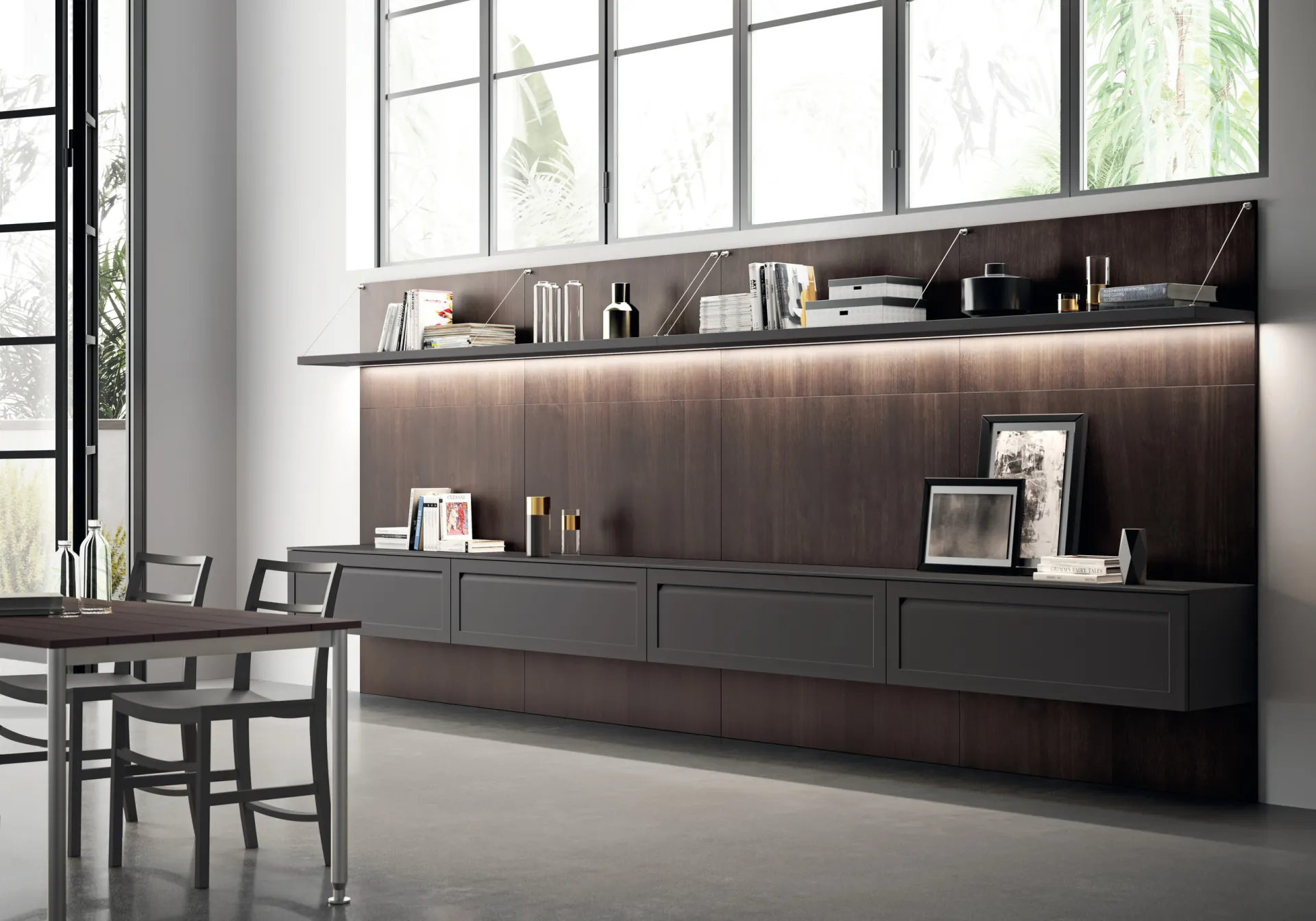 Soggiorno Carattere Scavolini con basi sospese Grigio Ferro, schienale in noce e mensola con luce