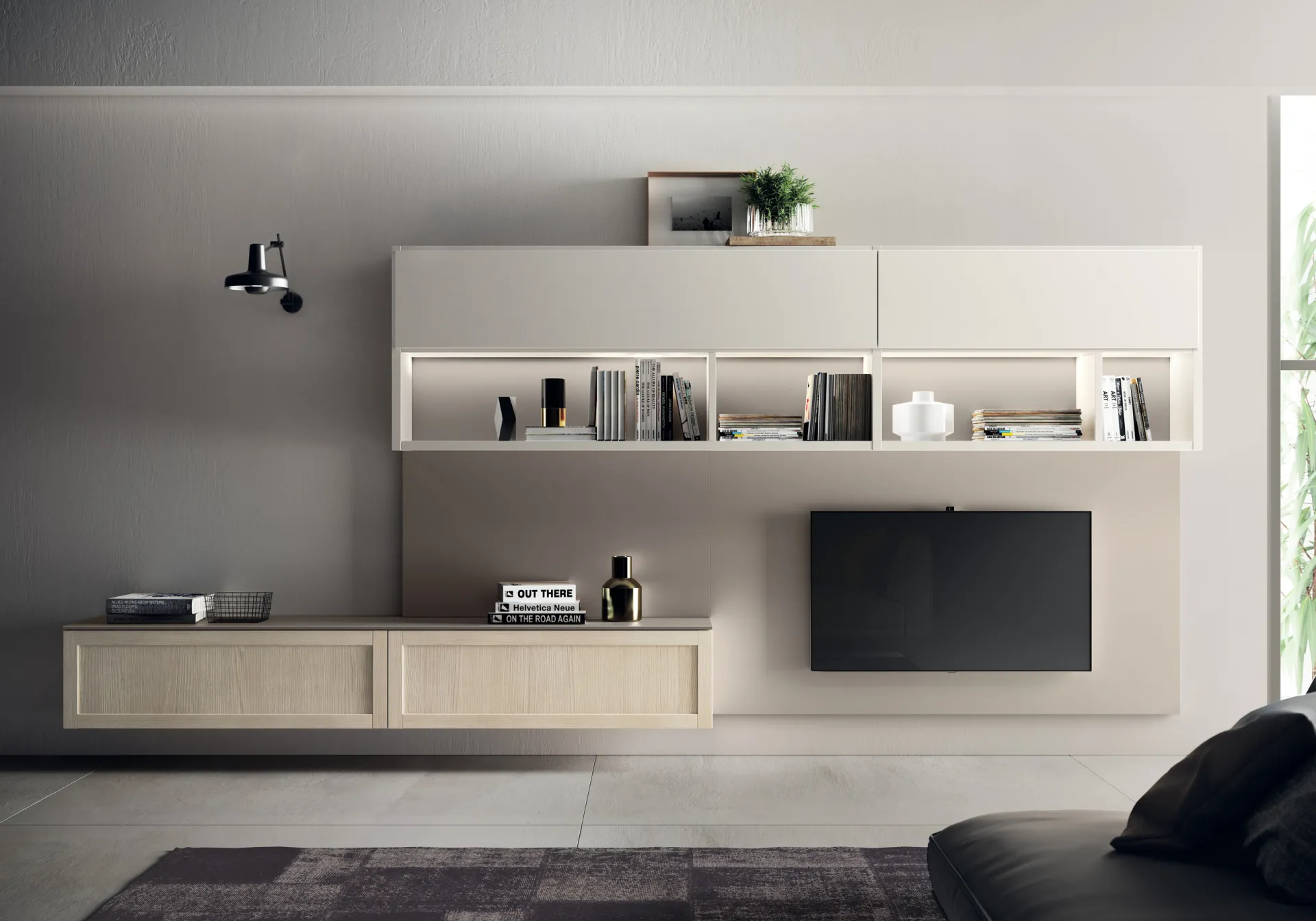 Soggiorno Carattere Scavolini con parete TV chiara, basi a telaio e vani a giorno