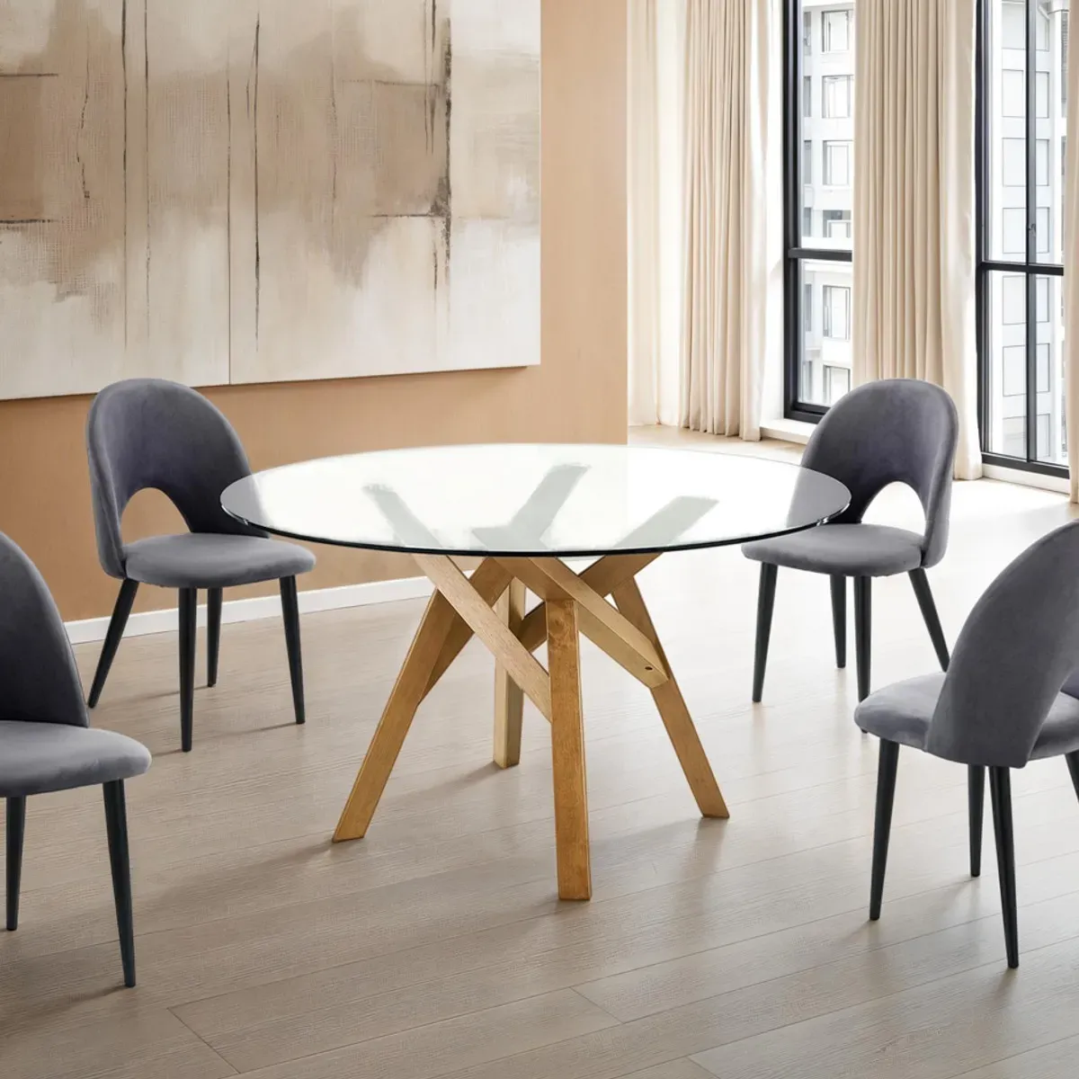 Tavolo rotondo Cork Tomasucci in vetro con base in rovere in sala