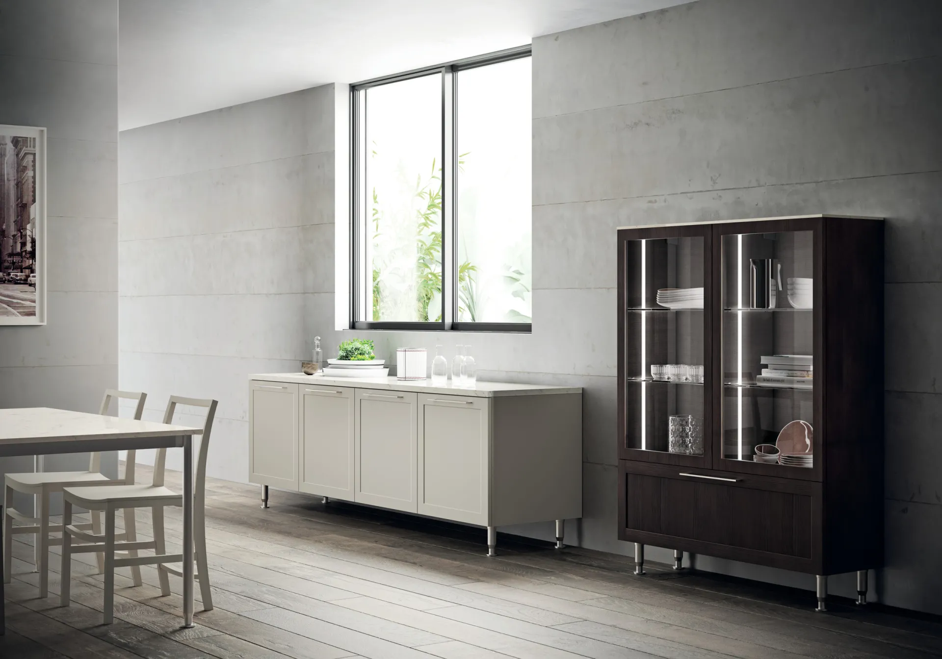 Soggiorno Carattere Scavolini con madia Grigio Chiaro su piedini e vetrina in Mocha